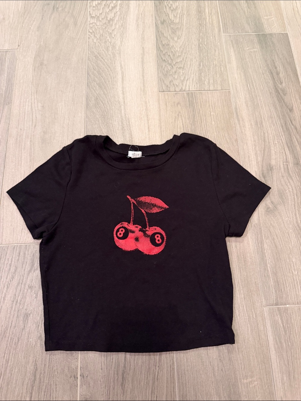 Garage Woman’s Black Tee with Red Cherry Graphic - 8 Ball Design Size M